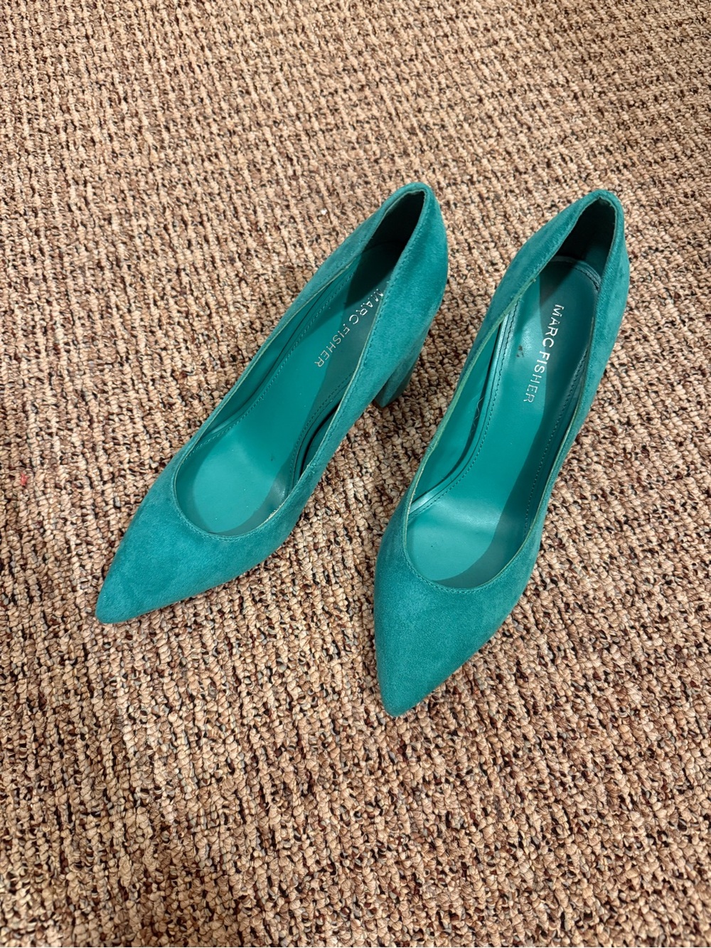 Marc Fisher Teal Suede Pointed Toe Block Heel Pumps